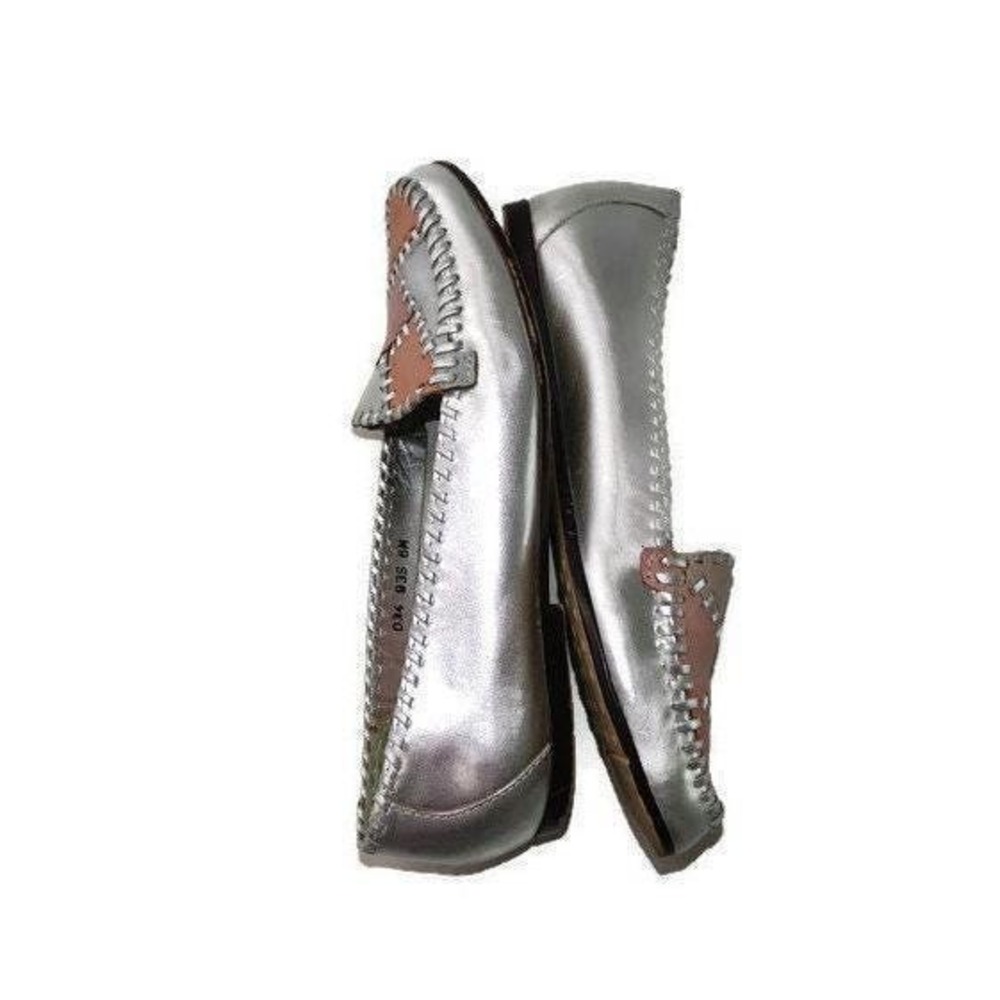 Mixed Blues Patchwork Loafers Women 6M Metallic Silver Whipstitch Flat Slip On - Picture 7 of 9